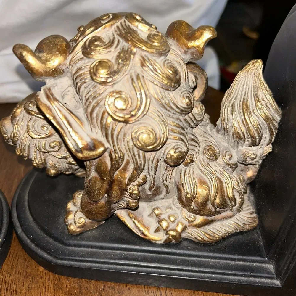 Foo Dog Chinese Bookends Golden Colored Heavy Asian‎ Decorative Bookshelf Ends